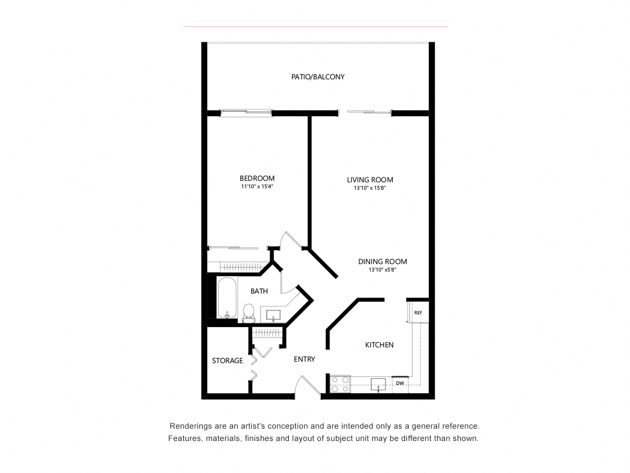Floor plan for 1 bed, 1 bath, 620 sqft